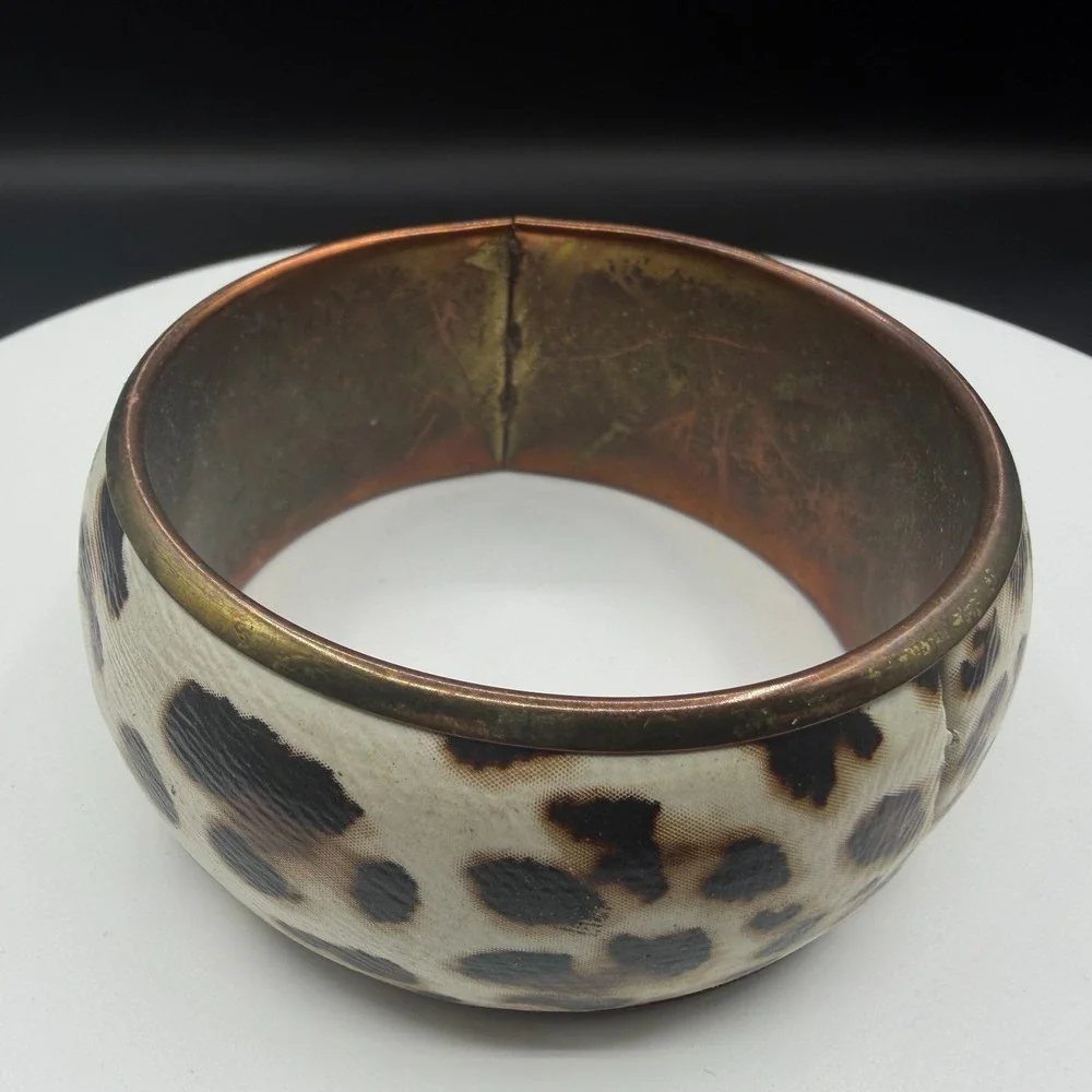 Cream Leopard Print Wide Gold Tone Bangle Bracelet Chunky Statement Y2K Gift